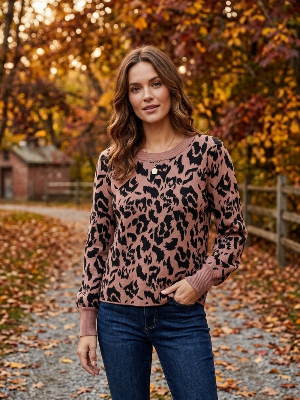Nicole Miller Leopard Knit Crewneck Sweater